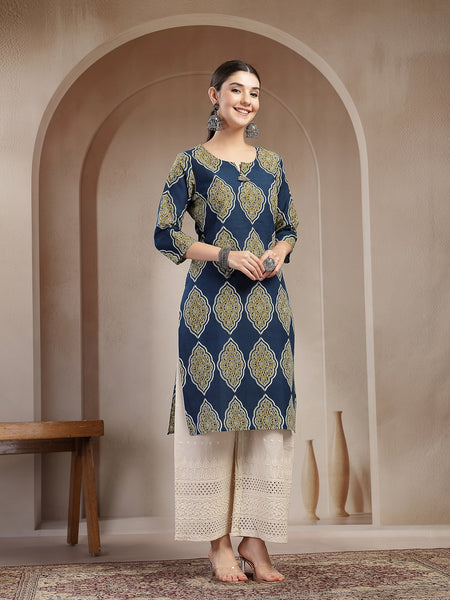 Stylum Women's Blue Ethnic Printed Cotton Straight Kurta (BLUERANGER)