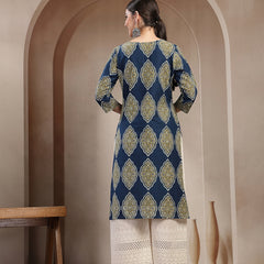 Stylum Women's Blue Ethnic Printed Cotton Straight Kurta (BLUERANGER)