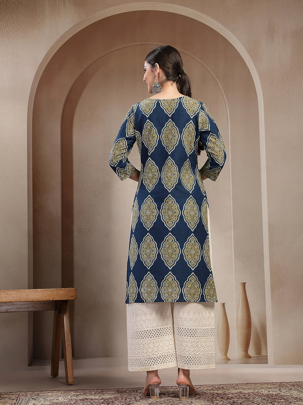 Stylum Women's Blue Ethnic Printed Cotton Straight Kurta (BLUERANGER)