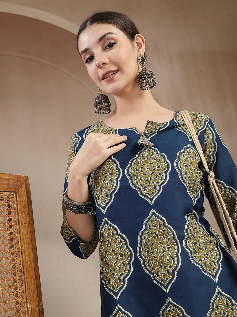 Stylum Women's Blue Ethnic Printed Cotton Straight Kurta (BLUERANGER)