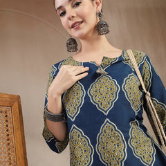 Stylum Women's Blue Ethnic Printed Cotton Straight Kurta (BLUERANGER)