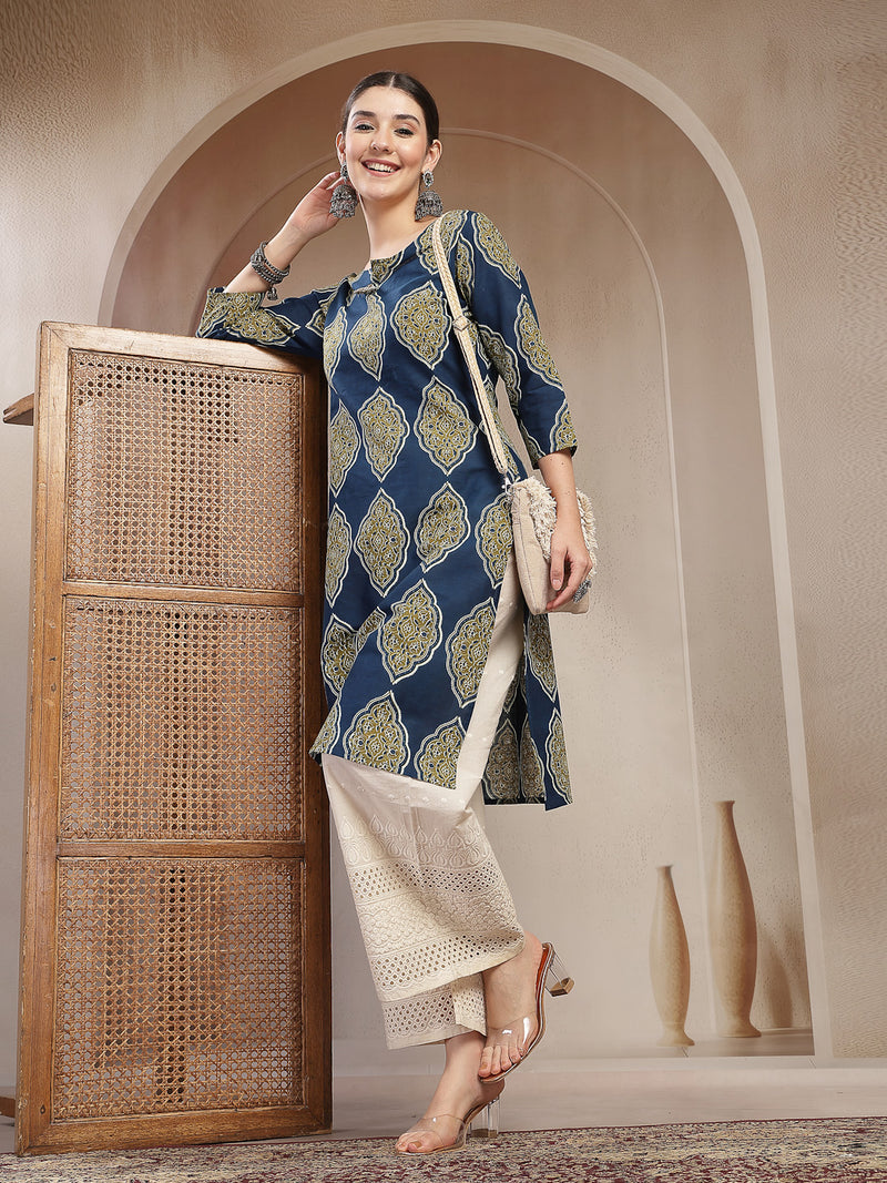 Stylum Women's Blue Ethnic Printed Cotton Straight Kurta (BLUERANGER)