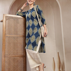 Stylum Women's Blue Ethnic Printed Cotton Straight Kurta (BLUERANGER)