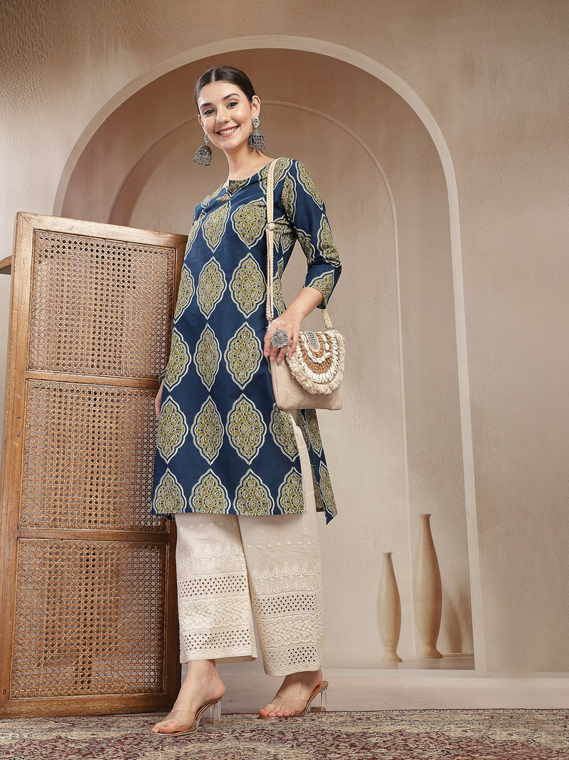 Stylum Women's Blue Ethnic Printed Cotton Straight Kurta (BLUERANGER)