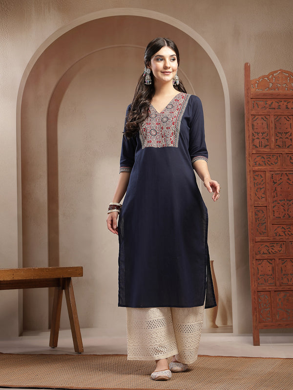 Stylum Women's Navy Blue Solid Cotton Straight Kurta (BLUESTONE)