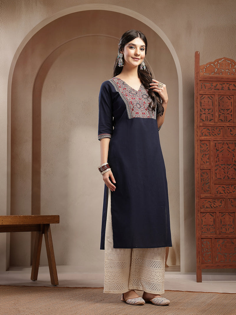 Stylum Women's Navy Blue Solid Cotton Straight Kurta (BLUESTONE)