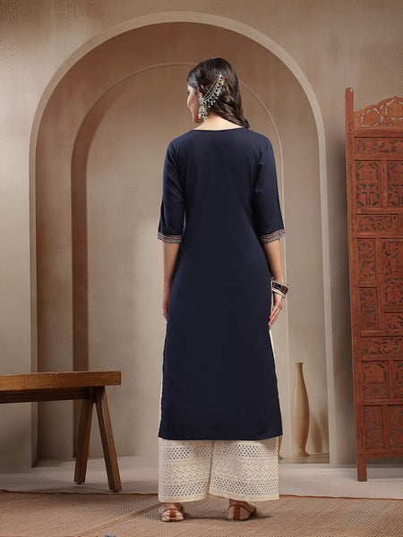 Stylum Women's Navy Blue Solid Cotton Straight Kurta (BLUESTONE)