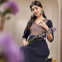 Stylum Women's Navy Blue Solid Cotton Straight Kurta (BLUESTONE)