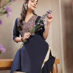 Stylum Women's Navy Blue Solid Cotton Straight Kurta (BLUESTONE)