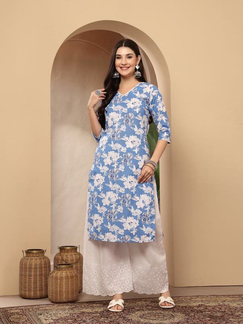 Stylum Women's Blue Floral Printed Cotton Straight Kurta (BLUESUNFEAST)