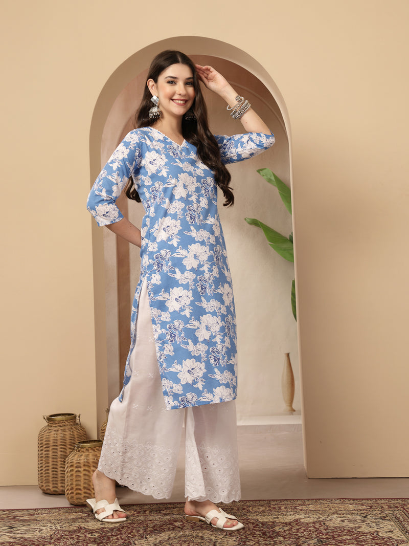 Stylum Women's Blue Floral Printed Cotton Straight Kurta (BLUESUNFEAST)