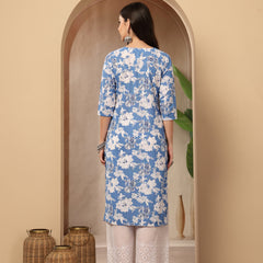 Stylum Women's Blue Floral Printed Cotton Straight Kurta (BLUESUNFEAST)