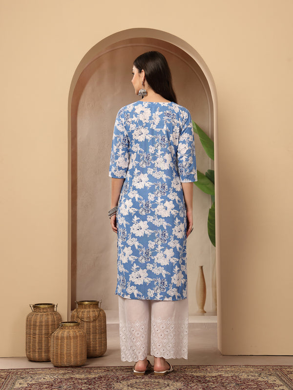 Stylum Women's Blue Floral Printed Cotton Straight Kurta (BLUESUNFEAST)