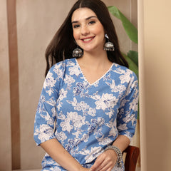 Stylum Women's Blue Floral Printed Cotton Straight Kurta (BLUESUNFEAST)