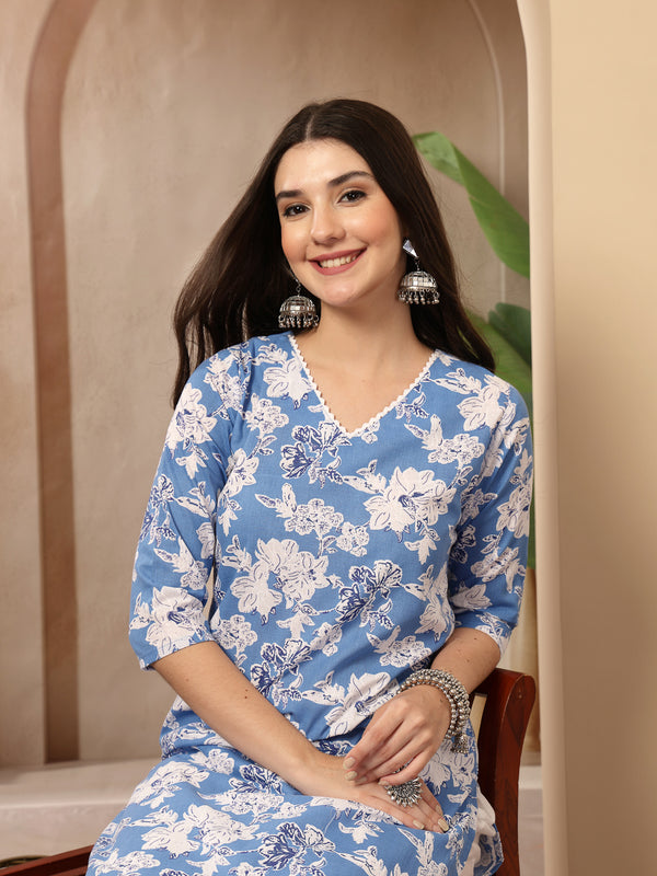Stylum Women's Blue Floral Printed Cotton Straight Kurta (BLUESUNFEAST)