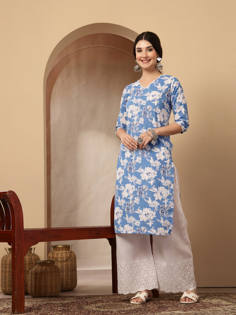 Stylum Women's Blue Floral Printed Cotton Straight Kurta (BLUESUNFEAST)