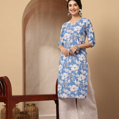 Stylum Women's Blue Floral Printed Cotton Straight Kurta (BLUESUNFEAST)