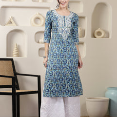 Stylum Women's Blue Printed & Embroidered Rayon Straight Chicken Kurta (BLUETONY)