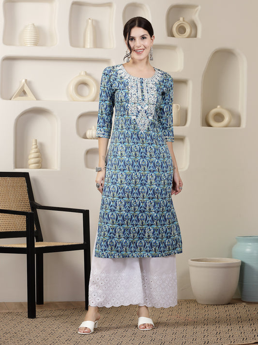 Stylum Women's Blue Printed & Embroidered Rayon Straight Chicken Kurta (BLUETONY)