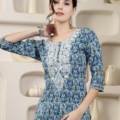 Stylum Women's Blue Printed & Embroidered Rayon Straight Chicken Kurta (BLUETONY)