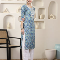 Stylum Women's Blue Printed & Embroidered Rayon Straight Chicken Kurta (BLUETONY)