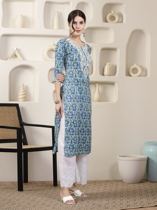 Stylum Women's Blue Printed & Embroidered Rayon Straight Chicken Kurta (BLUETONY)