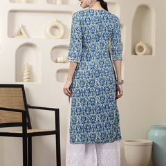 Stylum Women's Blue Printed & Embroidered Rayon Straight Chicken Kurta (BLUETONY)