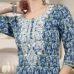Stylum Women's Blue Printed & Embroidered Rayon Straight Chicken Kurta (BLUETONY)