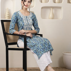 Stylum Women's Blue Printed & Embroidered Rayon Straight Chicken Kurta (BLUETONY)