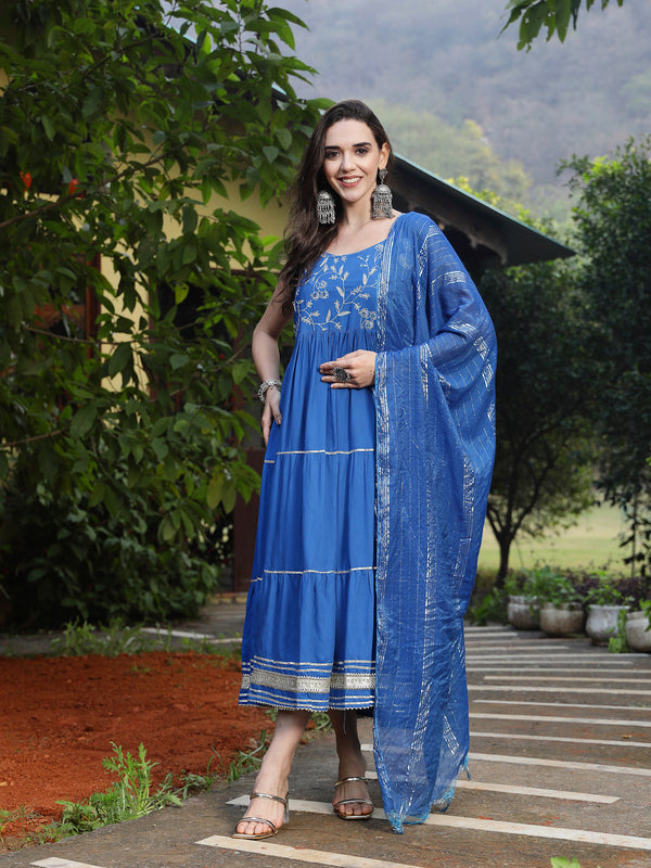 Stylum Women's Embroidered Cotton Tiered Kurta with Dupatta (BLUEZINGLE)