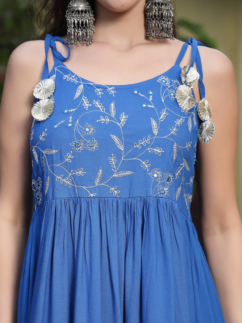 Stylum Women's Embroidered Cotton Tiered Kurta with Dupatta (BLUEZINGLE)