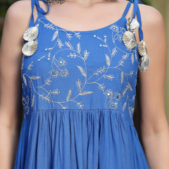 Stylum Women's Embroidered Cotton Tiered Kurta with Dupatta (BLUEZINGLE)