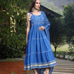 Stylum Women's Embroidered Cotton Tiered Kurta with Dupatta (BLUEZINGLE)