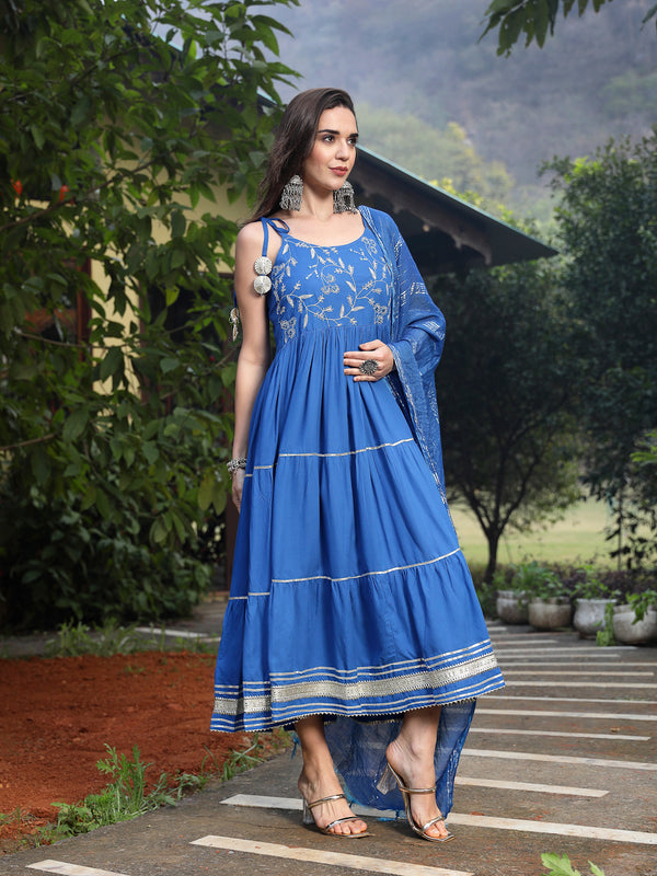 Stylum Women's Embroidered Cotton Tiered Kurta with Dupatta (BLUEZINGLE)