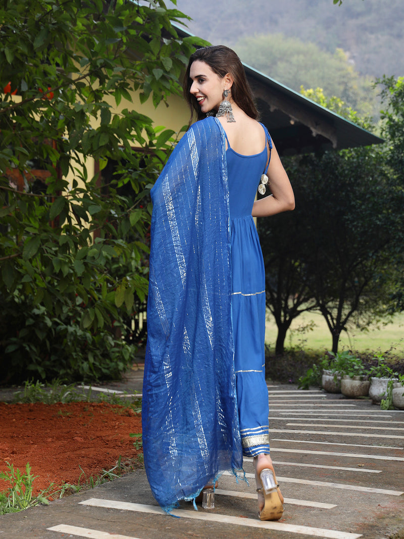 Stylum Women's Embroidered Cotton Tiered Kurta with Dupatta (BLUEZINGLE)