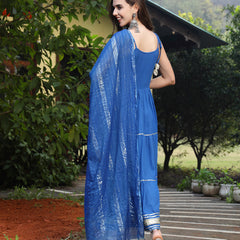 Stylum Women's Embroidered Cotton Tiered Kurta with Dupatta (BLUEZINGLE)