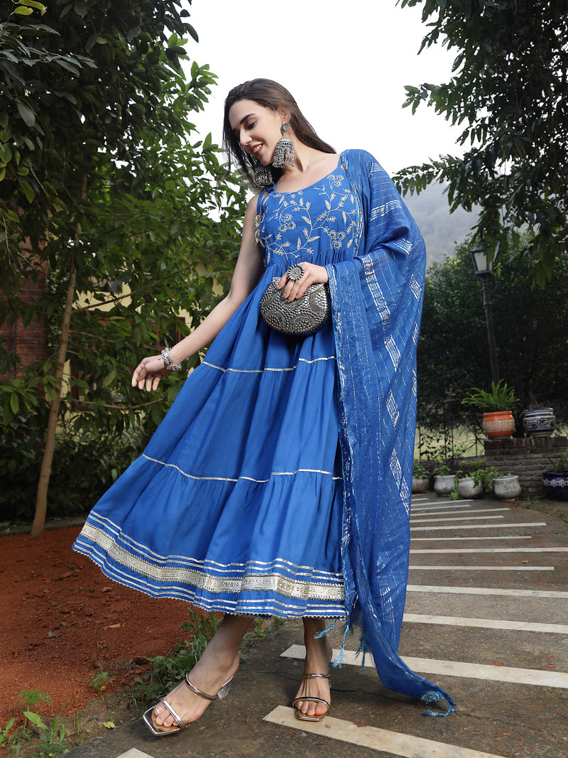 Stylum Women's Embroidered Cotton Tiered Kurta with Dupatta (BLUEZINGLE)