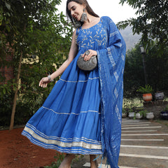Stylum Women's Embroidered Cotton Tiered Kurta with Dupatta (BLUEZINGLE)