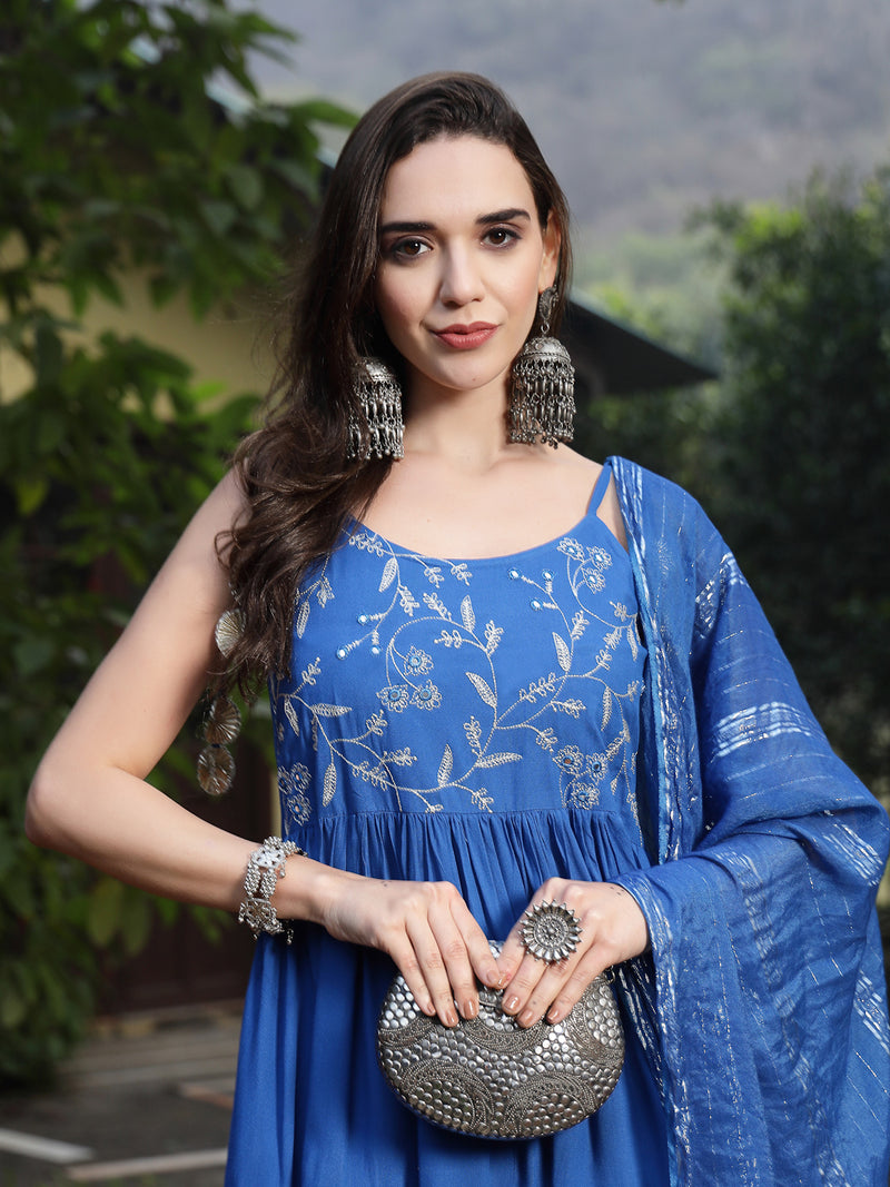 Stylum Women's Embroidered Cotton Tiered Kurta with Dupatta (BLUEZINGLE)