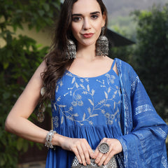 Stylum Women's Embroidered Cotton Tiered Kurta with Dupatta (BLUEZINGLE)