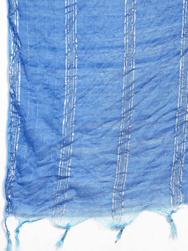 Stylum Women's Embroidered Cotton Tiered Kurta with Dupatta (BLUEZINGLE)