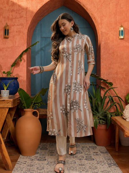 Stylum Women's Brown Floral Printed Poly Rayon A-Line Kurta (BROWNDAVID)