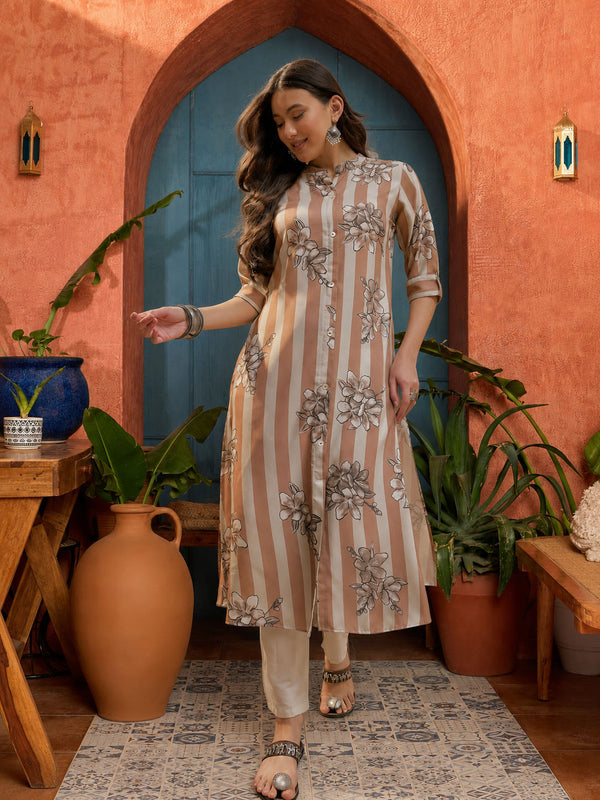 Stylum Women's Brown Floral Printed Poly Rayon A-Line Kurta (BROWNDAVID)