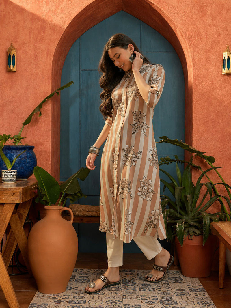 Stylum Women's Brown Floral Printed Poly Rayon A-Line Kurta (BROWNDAVID)