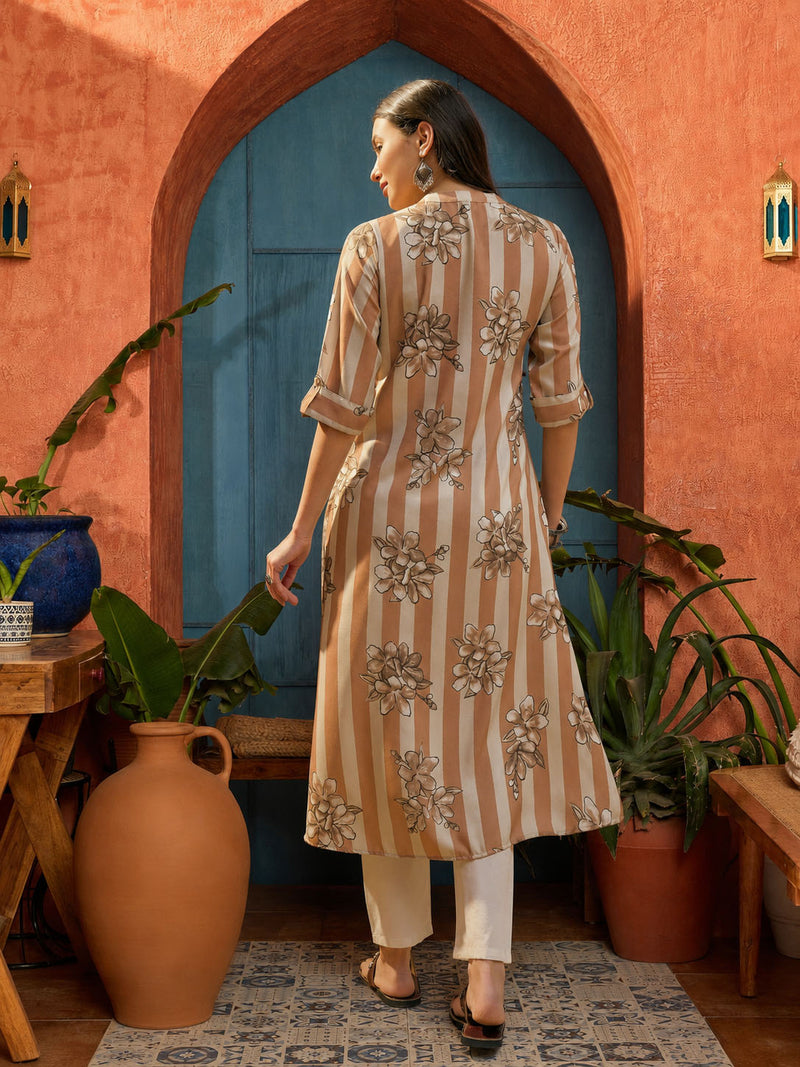 Stylum Women's Brown Floral Printed Poly Rayon A-Line Kurta (BROWNDAVID)
