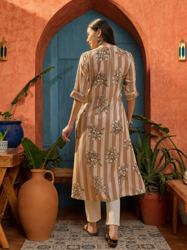 Stylum Women's Brown Floral Printed Poly Rayon A-Line Kurta (BROWNDAVID)