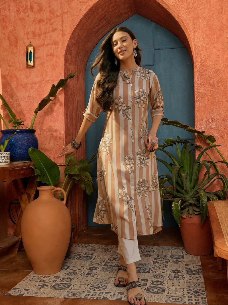 Stylum Women's Brown Floral Printed Poly Rayon A-Line Kurta (BROWNDAVID)