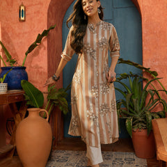 Stylum Women's Brown Floral Printed Poly Rayon A-Line Kurta (BROWNDAVID)
