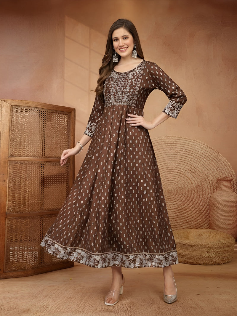 Stylum Women Brown Ethnic Motifs Printed & Embroidered Rayon Long Ethnic Dress (BROWNDION)
