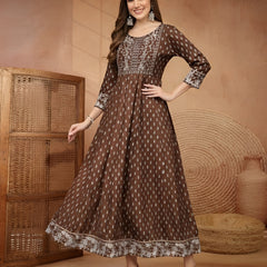Stylum Women Brown Ethnic Motifs Printed & Embroidered Rayon Long Ethnic Dress (BROWNDION)